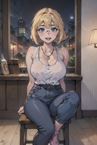 1woman, solo, blonde hair, pink lipstick, large breast, purple tank top, light pink pants, blue shoes, smiling, open mouth, shirt lift, nude, city, day time, necklace, smiling, blue eyes, masterpiece, longe hair, pub, indoors, sitting, chair,