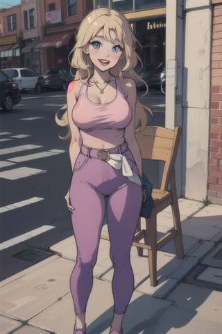 1woman, solo, blonde hair, longe hair, pink lipstick, large breast, purple tank top, light pink pants, belts, blue shoes, smiling, open mouth, shirt lift, nude, city, day time, necklace, smiling, blue eyes, masterpiece, outdoors, standing, chair,