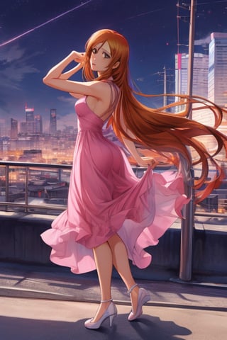 hight quality,(long shot),1080P, beautiful face,1girl,solo,in provocative pose,with day city in the background, orihime inoue from bleach,orihime inoue from bleach, pink dress, white soocks, pink shose,