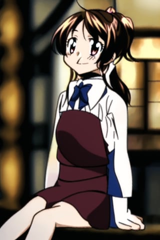 A close-up shot of a young girl, Shikinami, from the anime series Kancolle, gazing directly at the viewer with a radiant blush on her cheeks. Her open mouth and sparkling brown eyes convey a sense of surprise or delight. Her long, brown hair is tied back in a ponytail, adorned with a delicate hair ribbon that matches the tone of her white shirt, featuring short sleeves that frame her upper body.,Miura Haru