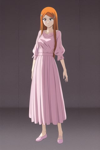 1girl, orange hair, long hair, gray eyes, hairclip, ((detailed face and eyes)), perfect eyes, intrincate details, masterpiece, best quality, cinematiclighting, inoue orihime, Pink shirt, striped shirt, longe sleeves, white long skirt, pink shose,anime ilustration, bleach art style, ((full body)) 