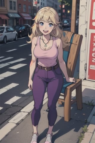 1woman, solo, blonde longe hair, pink lipstick, large breast, purple tank top, light pink pants, belts, blue shoes, smiling, open mouth, city, day time, necklace, smiling, blue eyes, masterpiece, outdoors, standing, chair, looking at the viewers, pixie Anime ver 10,