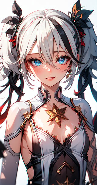 1girl, solo, breasts, smile, bangs, blue eyes, simple background, black hair, hair ornament, white background, dress, hair between eyes, twintails, jewelry, upper body, white hair, multicolored hair, small breasts, parted lips, virtual youtuber, nail polish, white dress, streaked hair, clothing cutout, black nails,shine eyes01
