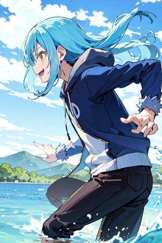 rimuru_tempest, running on water, happy, blue hoodie, black pant, sideview 
