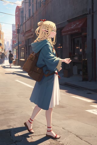 dmeshimarcil, casual clothes, strolling through city, sideview, full body shot