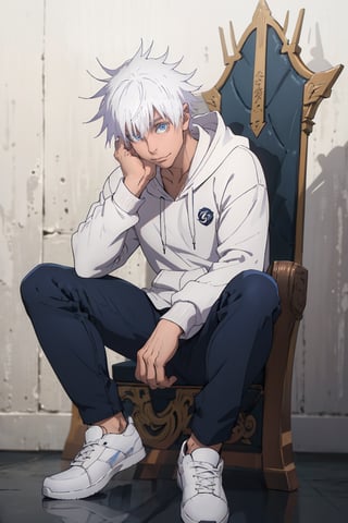 white hair, blue eyes, glowing eyes sitting on throne, throne room, (white hoodie), (black jeans pants), (white shoes), Jujutsu Kaisen, Satoru Gojo