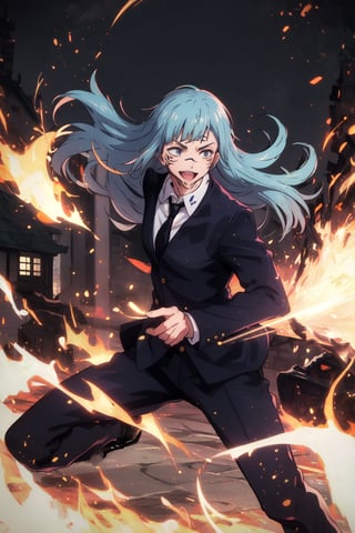 eft_jjk_miwa, crazy smile, long hair, blue hair, formal, suit, white shirt, black necktie, collared shirt, blazer, school uniform, long sleeves, wing collar, battle stance, sukunatattoo, city, surroundings on fire