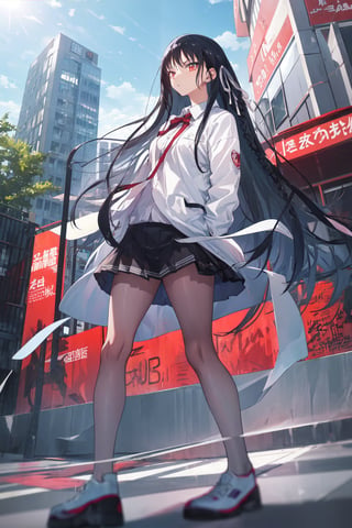 aasuzune, long hair, black hair, braid, hair ribbon, street wear, infront building 