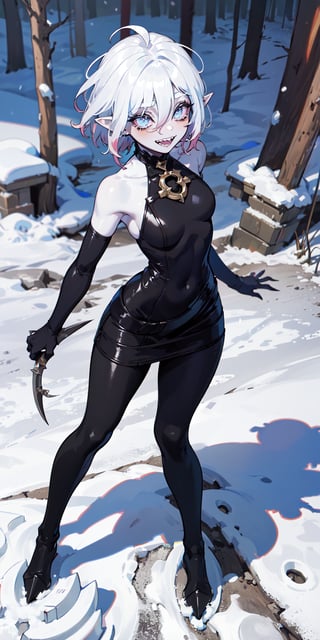 BriarLoL, grey skin, white hair, short hair, (pointy ears, sharp teeth), (black tight dress:1.2), snow, forest, standing