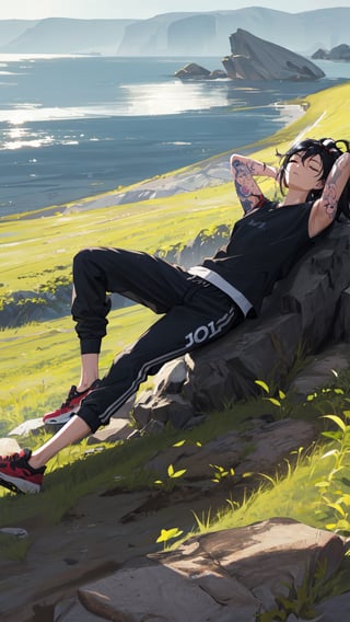 akali, 1girl, ponytail, tattoo, black hair, eyes closed, (streetwear), (joggers), reclining, field, sunny day, (head on rock)