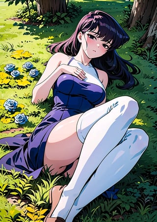 Against a bright white frame, a serene scene unfolds: a young woman reclines among blue and white roses and a lush green meadow. His long black hair contrasts strikingly with the vibrant surroundings. He wears a flowing white dress, whose folds rustle subtly in the breeze as he lies on the cooling grass, protected by the soft shade of a towering tree. Ella's legs and hands are exquisitely detailed, with delicate fingers that appear to have been crafted with precision. Her inspired features glow with otherworldly beauty, black eyes, while her anime-style hands appear perfectly formed, a testament to her ethereal nature., Perfect Hands, Anime, hentai