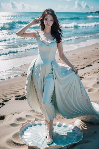 A (Lim Yoon Ah) (((((dressed in sea foam))))) standing in a pose like in Sandro Botticelli's painting "the birth of Venus",(A huge scallop shell 2 meters in diameter lies on the sand under the Yoona's feet),(((A Yoona stands inside a huge scallop shell))), the whole body is visible close up, in the background there is a sea horizon with clouds,yoona