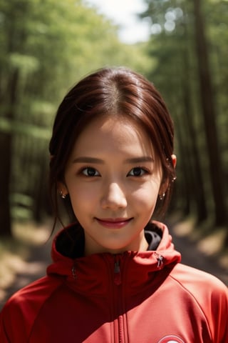 Hight quality, best quality, hd, 8k, reaslistic, draw me a young woman,looking at the camera, posing,ulzzang, streaming on twitch, character album cover,style of bokeh, wide shot camera,running in a tracksuit along a forest path,looking at camera, smile, cinematic lighting, photorealistic, appropriate comparison of cold and warm, hair over one eye, reality,idol,Beauty,yoona,Cutest baby ,sugar_rune