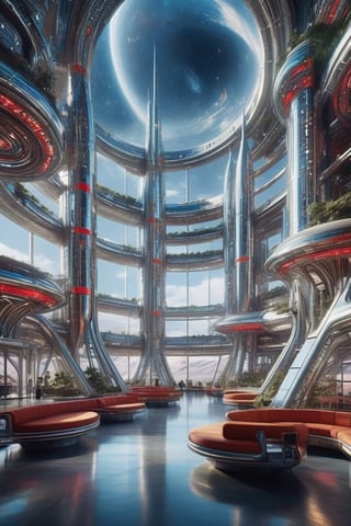 "Imagine an immense space station floating in the vacuum of space, built with enormous chrome metal panels and neon tubes that snake through its structures. Curved, aerodynamic shapes characterize the buildings and towers, with round windows that emulate the cabins of the science fiction spaceships from the mid-20th century. The predominant colors are bright silver, deep red and electric blue, creating a striking contrast against the dark background of space. From afar, the station looks like a futuristic vision of the. space age of the 50s, combining retro aesthetics with the grandeur and advanced technology of the future.,Indoor