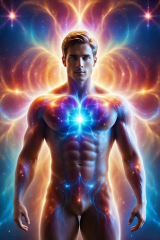 The man is floating in a nebula of vibrant colors. His translucent skin has fused with the nebula, creating a luminous aura effect. His muscles are now like streams of cosmic energy, with lights intertwining with each other. His eyes shine with a light that reflects the nebula, creating an almost hypnotic effect. The man is in a protective pose, with his arm extended into space as if he were guarding something very valuable.
The man is in the same pose, but his skin is now translucent, revealing his bones, muscles, organs and veins with astonishing clarity. His eyes shine with a bluish light that seems to connect with outer space. Through his skin you can see the lines of energy that run through his body, as if it were a map of the constellations of the universe staring into the camera.