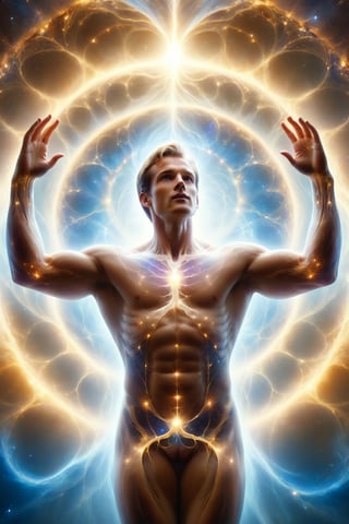 The man is in a more dynamic pose, with one hand extended towards the sky. His translucent skin shines with a dim light, and through it you can observe the internal structure of his body in detail. You can see the bones, muscles and veins of it, but these structures seem to be formed by cosmic energy that connects with outer space. His expression is serene and powerful, as if he is in touch with a higher power.