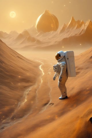 A Renaissance Lunar Landscape: An astronaut in period costume, with leather wings, walks gracefully across a lunar landscape painted in meticulous detail. The landscape is adorned with mountains reminiscent of Leonardo's compositions, with the Earth subtly glowing in the night sky. The deep crater resembles a mysterious depression and the iridescent crystal formations glow with an earthy, golden light. In the sky, a constellation shaped like a musical score intertwines with haloed stars in a celestial dance. The scene conveys a sense of harmony between science and art, capturing the essence of Renaissance exploration in a galactic context.