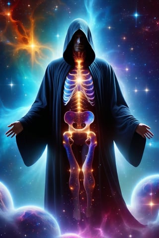 The man wears a black robe that merges with outer space. His skin glows with a dim light, and through it you can see his organs and bones, now resembling bright constellations. His intimate area is covered by a nebula of vibrant colors, with stars that move around it, creating a magical effect.