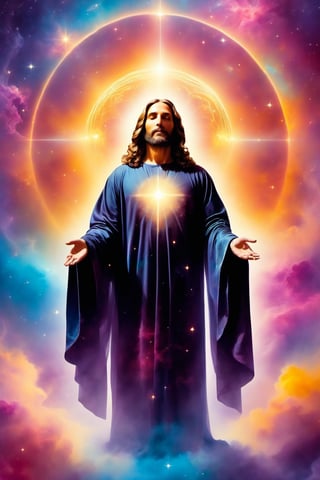 The man is wrapped in a black robe that blends into outer space. His muscles can be seen through the now translucent fabric, but his bones and organs resemble glowing constellations. His intimate area is covered by a nebula of vibrant colors, with stars that move around it, creating a magical effect. Above his head, like a halo, is projected an image of Jesus Christ surrounded by golden light. His gaze is full of tranquility and peace, as if he were contemplating the creation of the universe. In his hands, holding the nebula that covers his intimate area, you can see a faint white glow, like the light of a distant star.
This image reflects a deep connection between man and the power of God. His body is illuminated by divine light, and his soul is in harmony with the universe. It is a vision of a being who has achieved spiritual perfection and who is in direct contact with the highest god.,Retro art,retro ink,DonM0ccul7Ru57XL,T-shirt design
