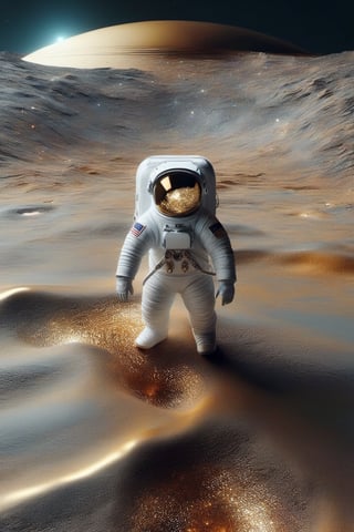 A Renaissance Lunar Landscape: An astronaut in period costume, with leather wings, walks gracefully across a lunar landscape painted in meticulous detail. The landscape is adorned with mountains reminiscent of Leonardo's compositions, with the Earth subtly glowing in the night sky. The deep crater resembles a mysterious depression and the iridescent crystal formations glow with an earthy, golden light. In the sky, a constellation shaped like a musical score intertwines with haloed stars in a celestial dance. The scene conveys a sense of harmony between science and art, capturing the essence of Renaissance exploration in a galactic context.,retro_rocket,futuristic, metal adorning,hollow inside