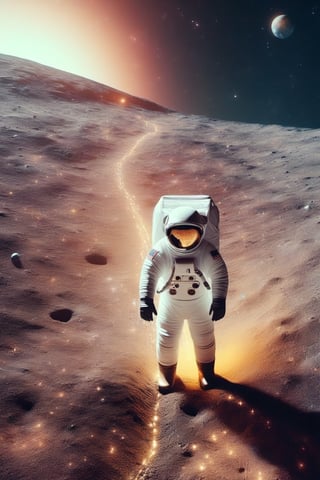 A lone astronaut walking in a desolate lunar landscape, with Earth glowing on the horizon. The astronaut wears a bright, reflective spacesuit as he explores a deep crater filled with iridescent crystals. In the starry sky, a music-shaped constellation floats in space, emanating soft and ethereal light. The scene conveys a sense of awe and wonder at the beauty of the universe.,retro_rocket