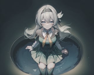 monochrome,grayscale,watercolor,masterpiece:2,((best quality)),highres,((looking_at_viewer)),1girl,solo,from above,
a gril sitting in a pool of lotus,leaves,perspective,depth of fields,sitting,water,
grey hair,long hair,hair ornament,black hairband,blue eyes,long sleeves,green skirt,green thighhighs,smile,