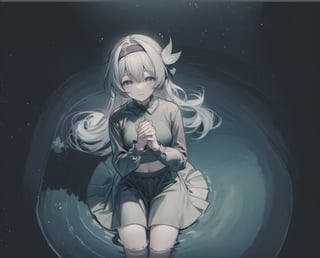 monochrome,grayscale,watercolor,masterpiece:2,((best quality)),highres,((looking_at_viewer)),1girl,solo,from above,
a gril sitting in a pool of lotus,leaves,perspective,depth of fields,sitting,water,
grey hair,long hair,hair ornament,black hairband,blue eyes,long sleeves,green skirt,green thighhighs,smile,