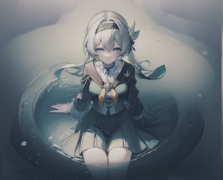 monochrome,grayscale,watercolor,masterpiece:2,((best quality)),highres,((looking_at_viewer)),1girl,solo,from above,
a gril sitting in a pool of lotus,leaves,perspective,depth of fields,sitting,water,
grey hair,long hair,hair ornament,black hairband,blue eyes,long sleeves,green skirt,green thighhighs,smile,