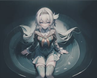 monochrome,grayscale,watercolor,masterpiece:2,((best quality)),highres,((looking_at_viewer)),1girl,solo,from above,
a gril sitting in a pool of lotus,leaves,perspective,depth of fields,sitting,water,
grey hair,long hair,hair ornament,black hairband,blue eyes,long sleeves,green skirt,green thighhighs,smile,