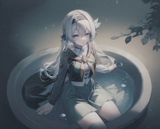 monochrome,grayscale,watercolor,masterpiece:2,((best quality)),highres,((looking_at_viewer)),1girl,solo,from above,
a gril sitting in a pool of lotus,leaves,perspective,depth of fields,sitting,water,
grey hair,long hair,hair ornament,black hairband,blue eyes,long sleeves,green skirt,green thighhighs,smile,