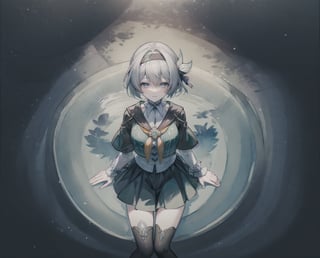 monochrome,grayscale,watercolor,masterpiece:2,((best quality)),highres,((looking_at_viewer)),1girl,solo,from above,
a gril sitting in a pool of lotus,leaves,perspective,depth of fields,sitting,water,
grey hair,long hair,hair ornament,black hairband,blue eyes,long sleeves,green skirt,green thighhighs,smile,