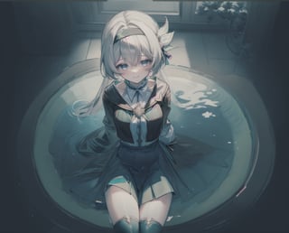 monochrome,grayscale,watercolor,masterpiece:2,((best quality)),highres,((looking_at_viewer)),1girl,solo,from above,
a gril sitting in a pool of lotus,leaves,perspective,depth of fields,sitting,water,
grey hair,long hair,hair ornament,black hairband,blue eyes,long sleeves,green skirt,green thighhighs,smile,