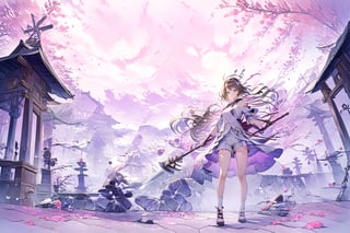 Official Art, Unity 8K Wallpaper, Extreme Detailed, Beautiful and Aesthetic, Masterpiece, Top Quality, perfect anatomy, 

1girl, solo, looking at viewer, blue eyes, brown hair, holding, standing, full body, weapon, shorts, socks, holding weapon, chain, skull, axe, sakura, shrine, nontraditional miko, petals, twlight, hairband, pink theme, 

a beautifully drawn (((ink illustration))) depicting, vintage, PINK and PURPLE accents, watercolor painting, concept art, (best illustration), (best shadow), Analog Color Theme, vivid colours, contrast, smooth, sharp focus, scenery, 

(Pencil_Sketch:1.2,masterpiece, midjourney, best quality, incredibly absurdres, messy lines,high detail eyes,More Detail,perfect light,portrait, ,robin \(honkai: star rail\)