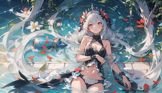 1girl, lying in water