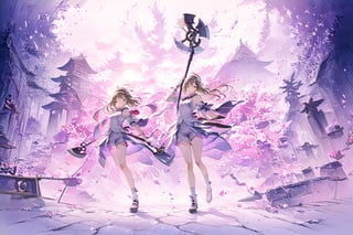 Official Art, Unity 8K Wallpaper, Extreme Detailed, Beautiful and Aesthetic, Masterpiece, Top Quality, perfect anatomy, 

1girl, solo, looking at viewer, blue eyes, brown hair, holding, standing, full body, weapon, shorts, socks, holding weapon, chain, skull, axe, sakura, shrine, nontraditional miko, petals, twlight, hairband, pink theme, 

a beautifully drawn (((ink illustration))) depicting, vintage, PINK and PURPLE accents, watercolor painting, concept art, (best illustration), (best shadow), Analog Color Theme, vivid colours, contrast, smooth, sharp focus, scenery, 

(Pencil_Sketch:1.2,masterpiece, midjourney, best quality, incredibly absurdres, messy lines,high detail eyes,More Detail,perfect light,portrait, ,robin \(honkai: star rail\)