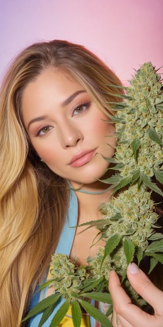  bundle of Rainbow Kush. The brightly colored strain, essential in any list of colored weed strains, adds a striking contrast to her serene appearance. She exudes an effortless beauty, with her fair skin and flowing hair framing the colorful marijuana buds in her hand.,AJ,applegate