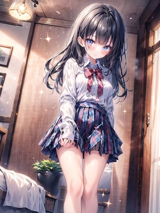 A young girl with long, black hair and blunt bangs stands confidently on a bed, looking directly at the viewer. Her eyes sparkle as she holds her hand up, showcasing her white collared shirt and pleated plaid skirt. The soft lighting illuminates the scene, casting a warm glow indoors. Her feet are partially out of frame, adding to the sense of intimacy.