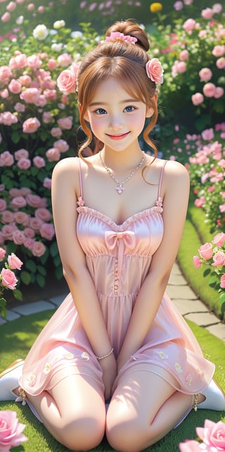 (((flat Chest))),infant body shape,11yo,A stunning 16K UHD image of a young cute girl standing in rose garden,infant body shape, see-through pink dress,very mini dress, knees away,loli,earrings, hair ornament, hair flower,female child,ponytail,high ponytail,side ponytail,on_side,brown hair , Supine PositionThe girl looks directly at the viewer with a bright smile and sparkling eyes, surrounded by vivid colors and high contrast.,legs_apart,leaning_back,looking_at_viewer