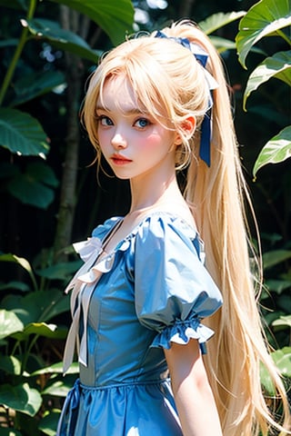 Flat Chest, (Very detailed), Very beautiful platinum blonde super long straight silky hair, Cute light blue princess dress,(Frill dress),(Short sleeve),Such beautiful, big, blue eyes, big eyes,ponytail,Half Up, full body shot, Body, close, face, cute lol face, Look forward, 15-year-old, Teenage Girl,No tail,(No tail),2D, masterpiece, Highest quality, And soul, Detailed eyes, detailed face, blonde Beautiful girl, Just One, blonde super long straight hair, (blonde), Bangs between the eyes, Hair above the eyes, Hair above the eyes, Ear hair, , Single Blade, (Single Blade) ), (Side Blade), Pink Ribbon, Ribbon on neck, (White sleeves), Background blur, Small face beautiful girl, Cheek highlight,xuer Lotus leaf,best quality