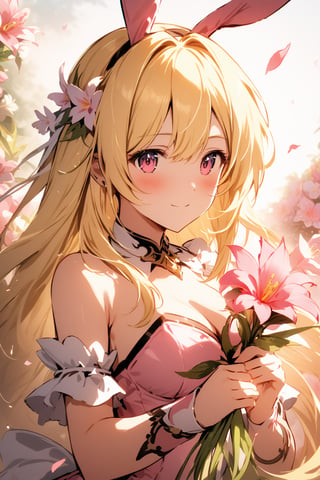 The world of cultivating immortals. female. Bunny ears. ((Blonde hair. White pink outfit)). Half-length photo. Holding fantasy flowers. Lively