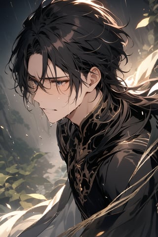 The world of cultivating immortals. Male. Black hair. Black clothes. Silently crying.