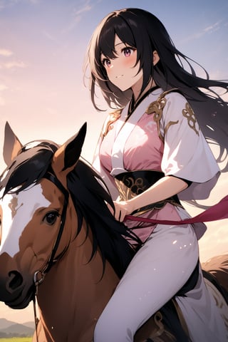 The world of cultivating immortals. female. ((Black hair. Pink and white clothes)). Half-length photo. Riding a straw horse