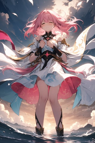 The world of cultivating immortals. Female. Pink hair, white clothes, with cloud patterns on the clothes. (Crying)