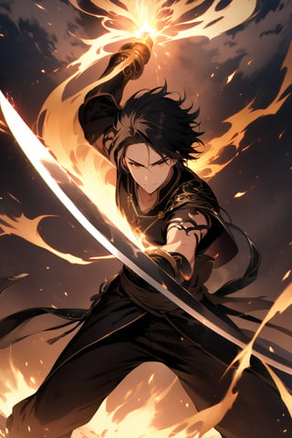 The world of cultivating immortals. Male. Black hair. Black clothes. Domineering. Handsome. Attacks with a sword. Exudes a powerful aura.