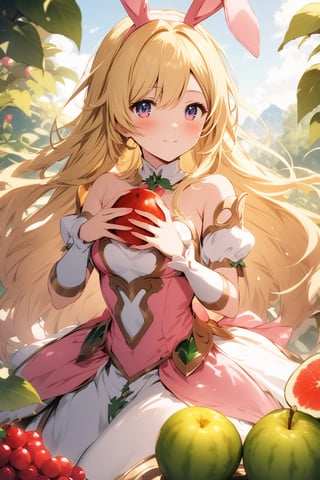 The world of cultivating immortals. female. Bunny ears. ((Blonde hair. White pink outfit)). Half-length photo. Eat fantasy fruits.