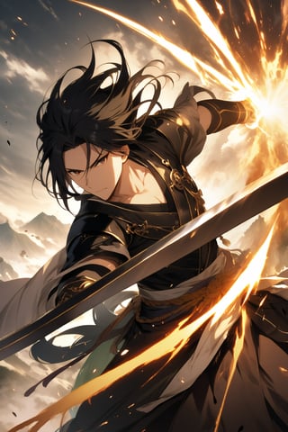 The world of cultivating immortals. Male. Black hair. Black clothes. Domineering. Attacks with a sword. Exudes a powerful aura.