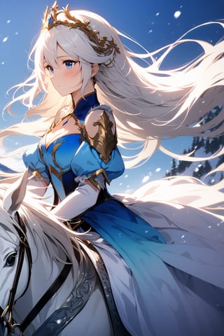 The world of cultivating immortals. female. .((White hair. White and blue gradient clothes)). Half-length photo. riding a snow white horse