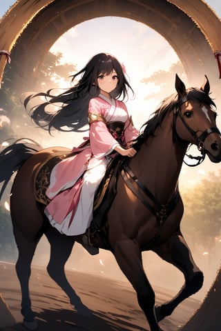 The world of cultivating immortals. female. ((Black hair. Pink and white clothes)). Half-length photo. Riding a straw horse