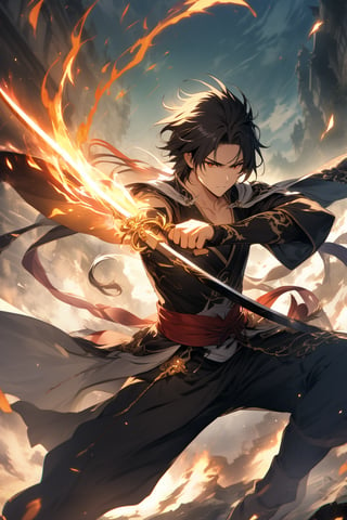 The world of cultivating immortals. Male. Black hair. Black clothes. Domineering. Attacks with a sword. Exudes a powerful aura.