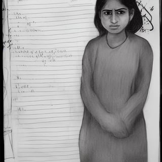 : A young Indian woman, 19 years old, with expressive eyes and a determined expression. She's dressed comfortably for movement, perhaps in leggings and a loose tank top. Her hair is pulled back in a messy bun. She's holding a script in her hand, lines highlighted and notes scribbled in the margins. She's standing center stage, rehearsing a scene, her body language conveying the character's emotions.